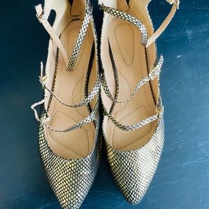 Lane Bryant Size 12w Gold snakeskin flats with ankle wrap detail